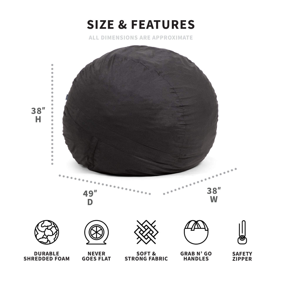 Big Joe Fuf Large Foam Filled Bean Bag Chair with Removable Cover, Black  Lenox, 4ft Big & Bean Refill 2Pk Polystyrene Beans for Bean Bags or Crafts