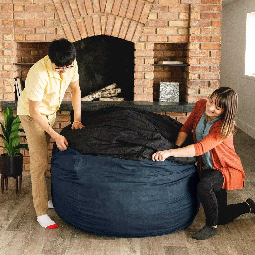 Putting cover on Fuf Large beanbag foam chair #color_cobalt-lenox