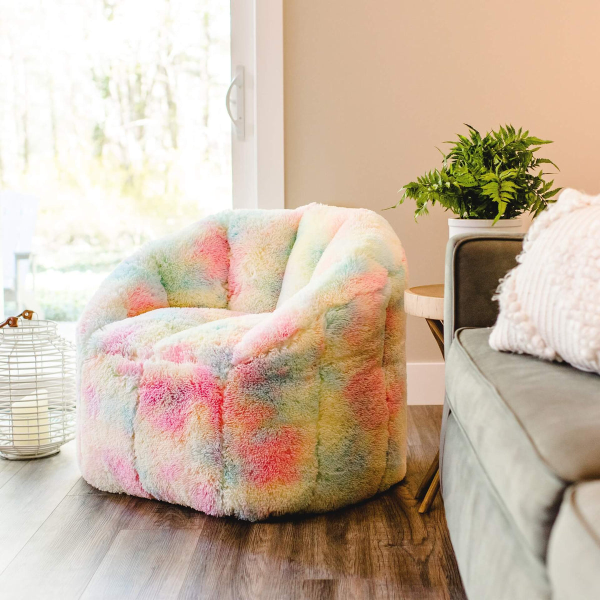Milano Beanbag Chair for Teens Rainbow Plush in living room 