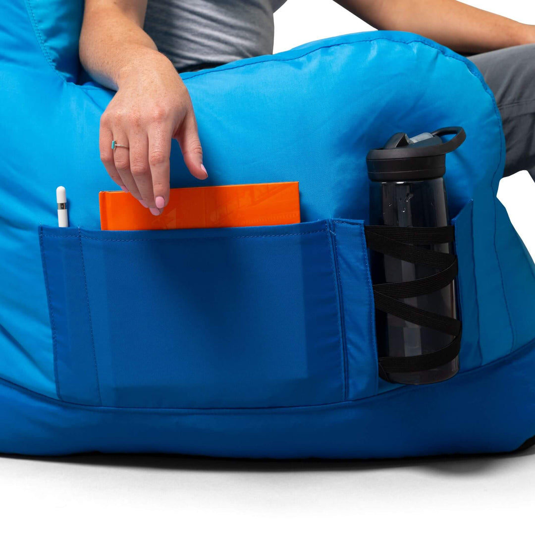Side view bean bag chair with pockets for dorms #color_two-tone-blue-smartmax