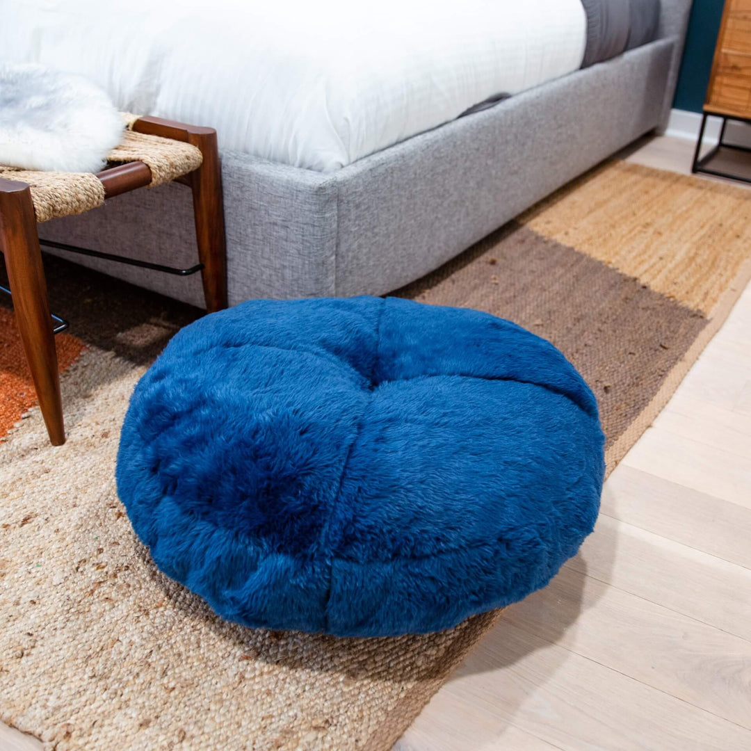 Small Floor Pillow Round, Navy Faux Shag