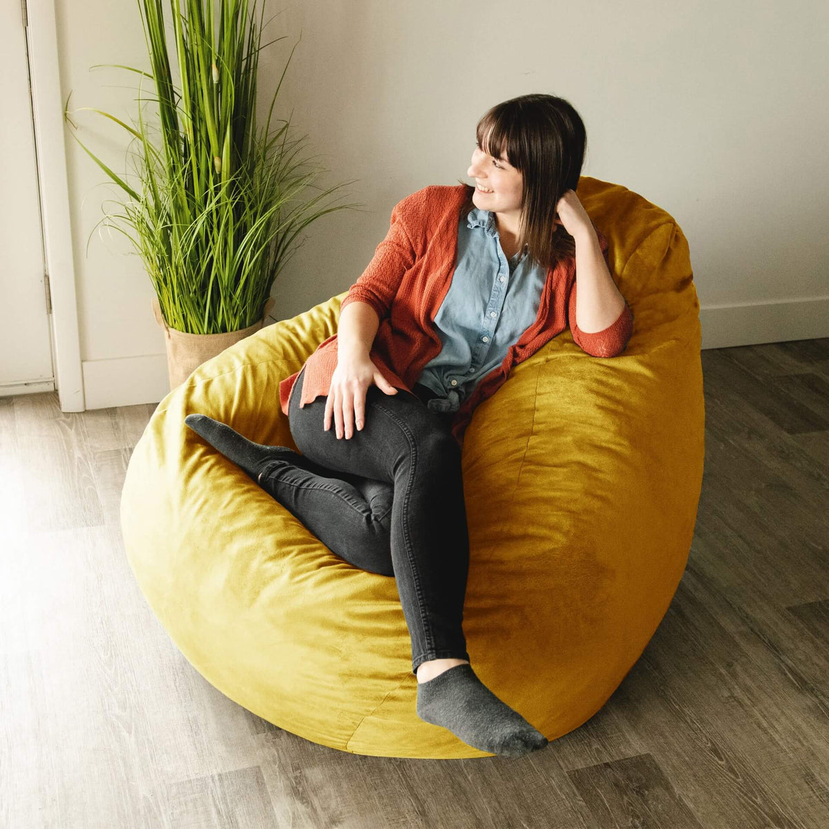 Yellow lotus bean chair #color_mustard-plush