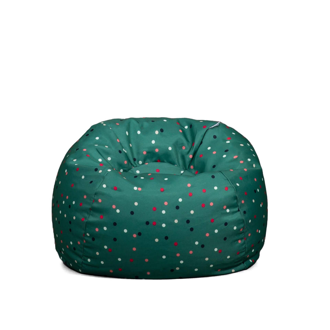 Front view Kids bean bag chair green polka dot #color_pine-green-sparkler-gabardine