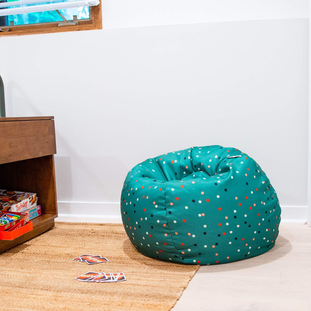 Kids bean bag chair green polka dot in room #color_pine-green-sparkler-gabardine