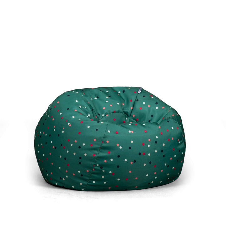 Kids bean bag chair green polka dot front view #color_pine-green-sparkler-gabardine